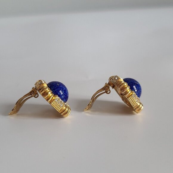 Ciner Glass Blue Lapis Lazuli Cabochon Gold Tone Clip Earrings Retro Large Huge - Picture 4 of 8